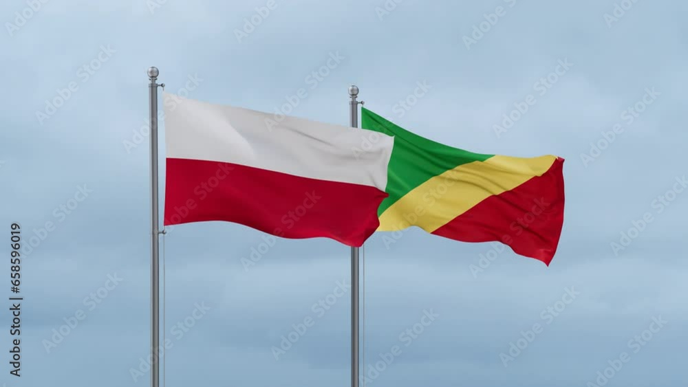 Republic of the Congo flag and Poland flag waving together on cloudy sky, endless seamless loop, two country relations concept Republic of the Congo flag and Poland flag waving together on cloudy sky, endless seamless loop, two country relations concept