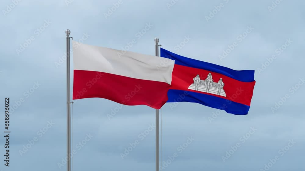 Cambodia flag and Poland flag waving together on cloudy sky, endless seamless loop, two country relations concept Cambodia flag and Poland flag waving together on cloudy sky, endless seamless loop, two country relations concept