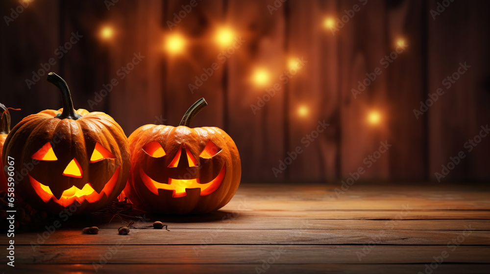 Group of jack-o-lantern pumpkins, candles on wooden with a place for text. Halloween background. Generative AI Group of jack-o-lantern pumpkins, candles on wooden with a place for text. Halloween background. Generative AI