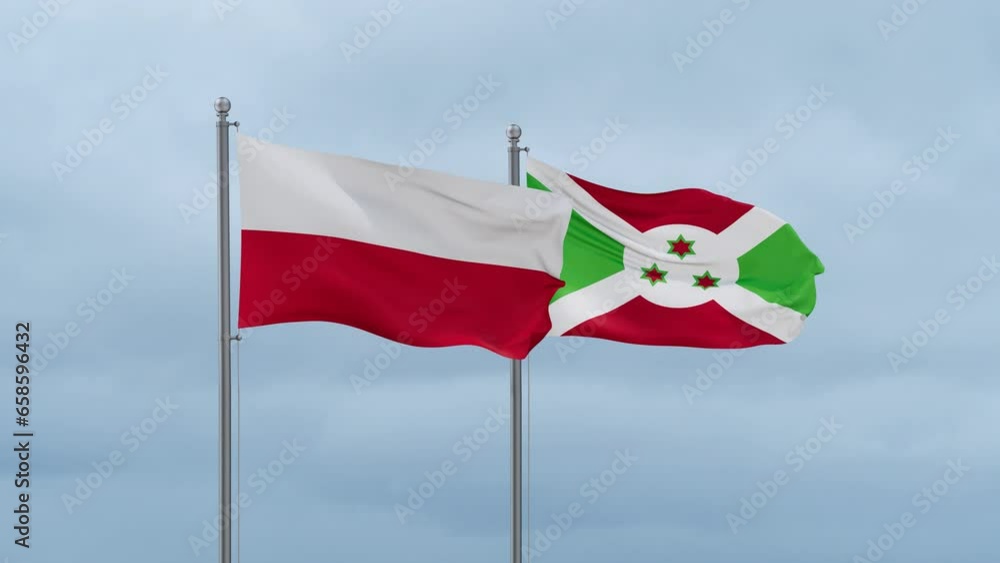 Burundi flag and Poland flag waving together on cloudy sky, endless seamless loop, two country relations concept Burundi flag and Poland flag waving together on cloudy sky, endless seamless loop, two country relations concept