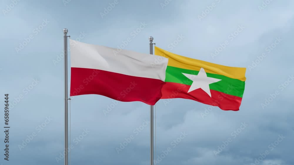 Myanmar aka Burma flag and Poland flag waving together on cloudy sky, endless seamless loop, two country relations concept Myanmar aka Burma flag and Poland flag waving together on cloudy sky, endless seamless loop, two country relations concept
