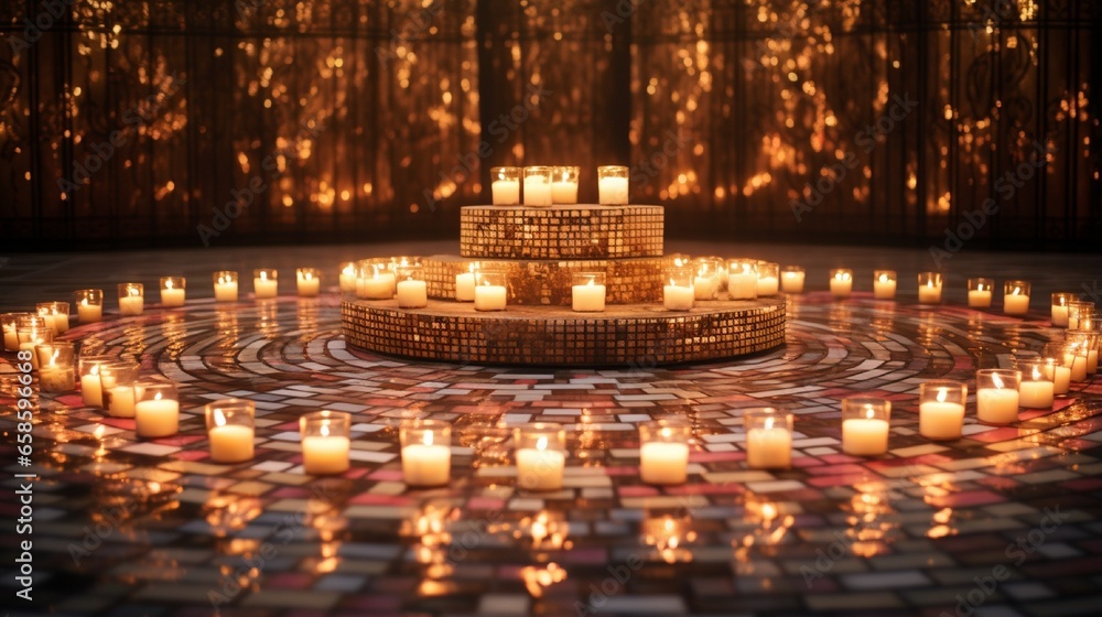 A mosaic podium surrounded by candles, creating a romantic and enchanting atmosphere. - obrazy, fototapety, plakaty 