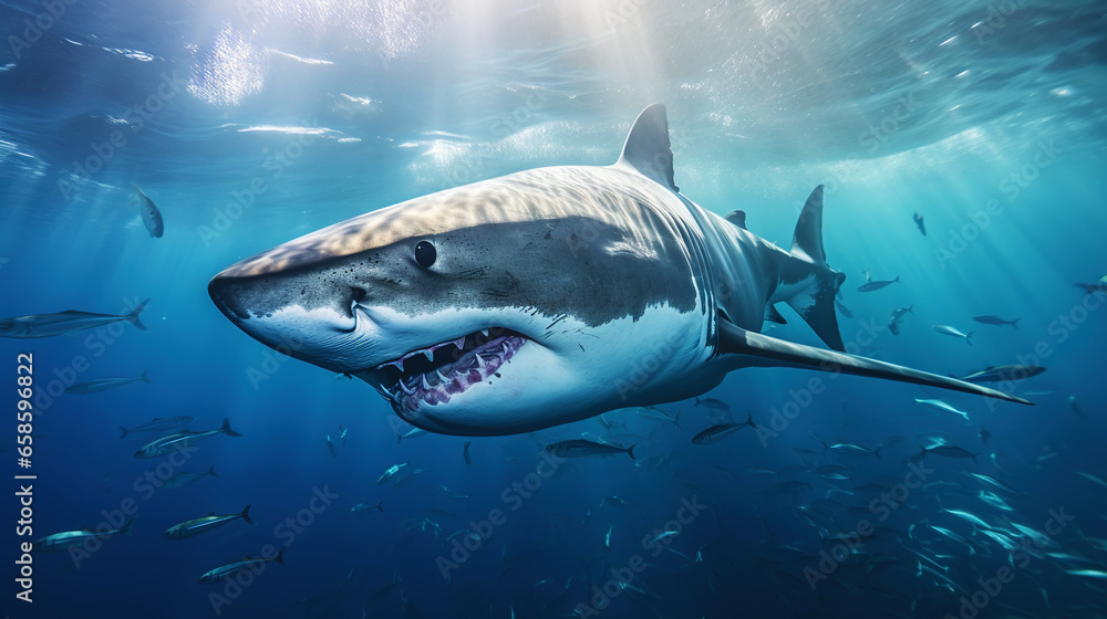 Obraz premium Shark swimming under sun rays in the blue ocean waters. Generative AI