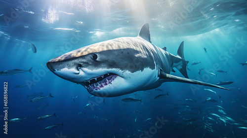 Shark swimming under sun rays in the blue ocean waters. Generative AI © AngrySun