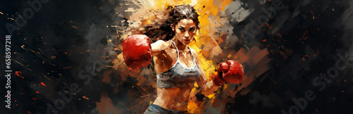 Boxing sport woman boxer action colorful splash painting illustration
