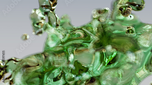 Creative art background with liquid green color gradient glass organic shape, 3d rendering blurred chaotic beautiful abstract texture