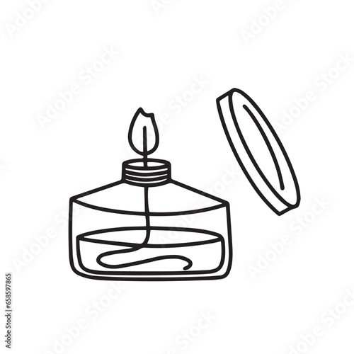 Illustration of alcohol burner, nozzle. Glass instrument for laboratory experiments. Chemical equipment. Vector doodles. Isolated image on a white background.