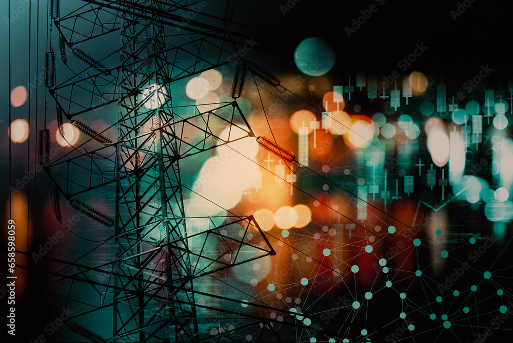 electric pole and red blue light and index number and graph of stock market energy business abstract background. - obrazy, fototapety, plakaty 