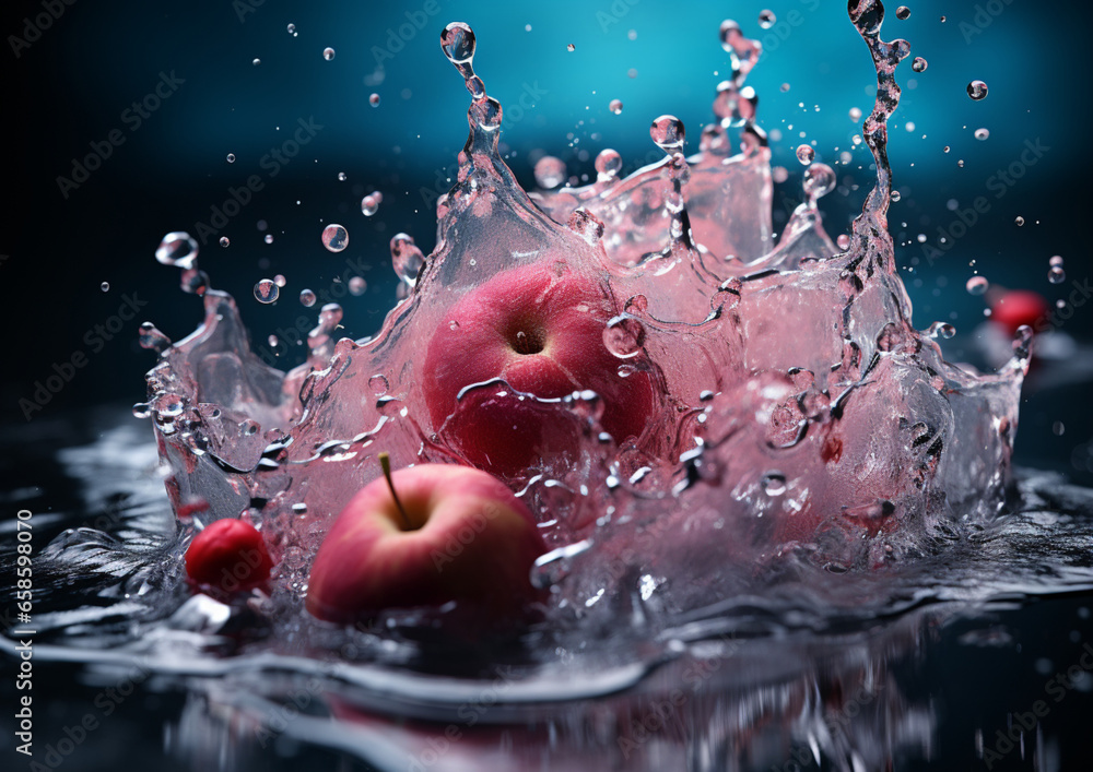 dojrzałe czerwone jabłka wpadają do wody - obrazy, fototapety, plakaty 