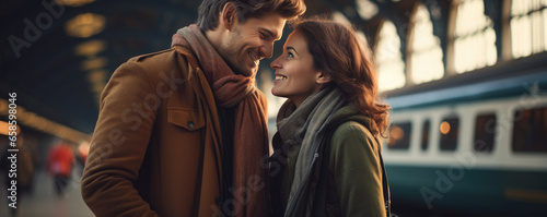 Happy young couple waiting on the train station, traveling to their vacation.  Active lifestyle concept photo