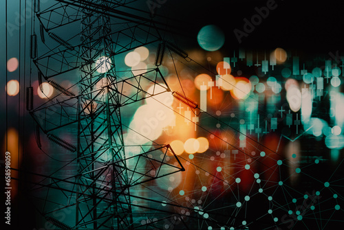 Fototapete electric pole and red blue light and index number and graph of stock market energy business abstract background