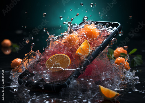 pomarańcze wraz ze smartfonem wpadają do wody © siwyk