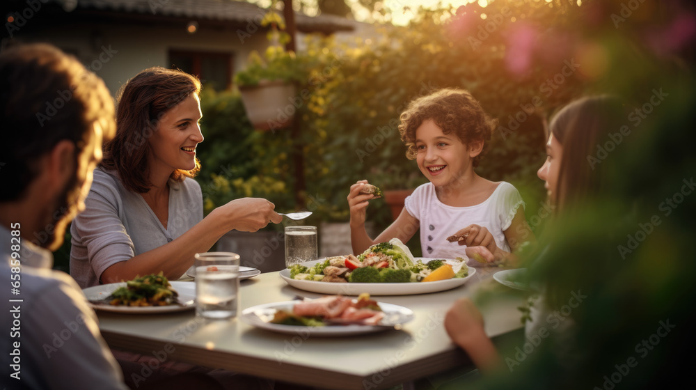 Happy family eating together outdoors. Smiling generation family sitting at dining table during dinner.