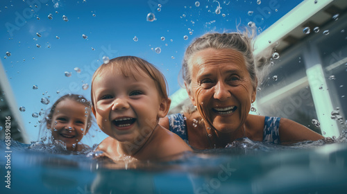 grandmother and children having fun in the pool
