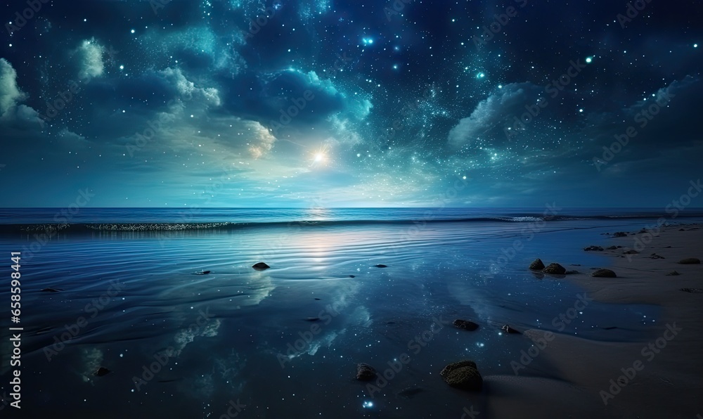 Photo of a breathtaking night sky over the peaceful ocean
