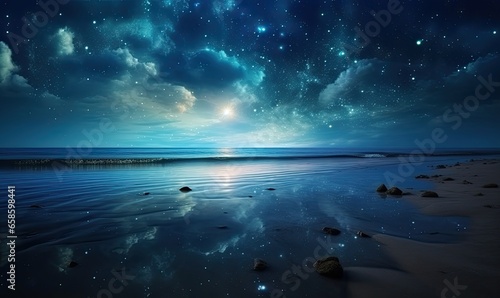 Photo of a breathtaking night sky over the peaceful ocean © uhdenis