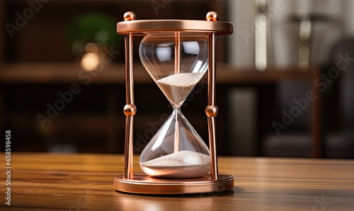 Photo of an hourglass on a rustic wooden table, symbolizing the passage of time