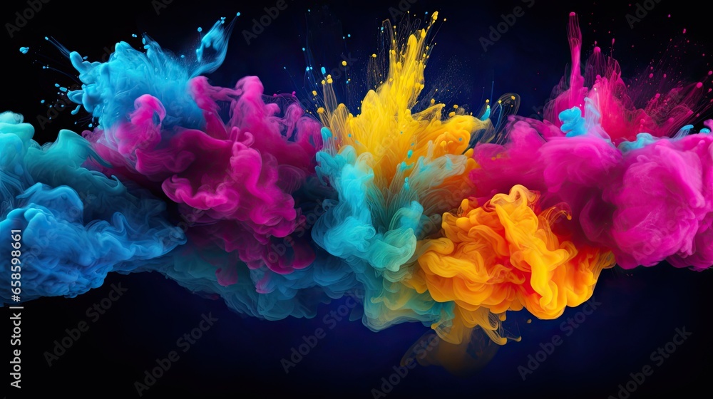 Explosion and blast wave of multicolored smoke on a black background