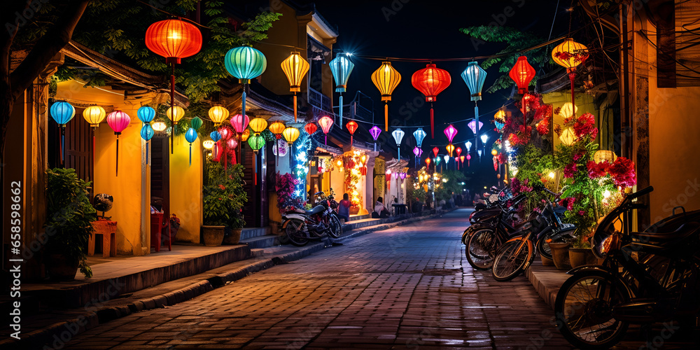 Bright Lanterns hanging over the walking street, in the ancient of Hoi An. The ancient town, is a popular tourist area. The streets are usually filled with tourists day and night. Ai Generative