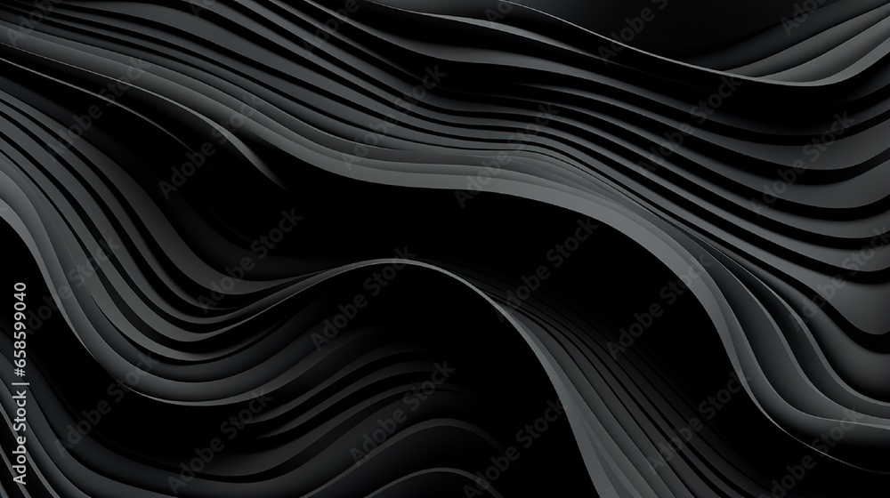 Black wavy stripes background. Abstract papercut decoration. 3d topography relief. Vector realistic illustration. Modern cover layout template. Architectural concept Black wavy stripes background. Abstract papercut decoration. 3d topography relief. Vector realistic illustration. Modern cover layout template. Architectural concept