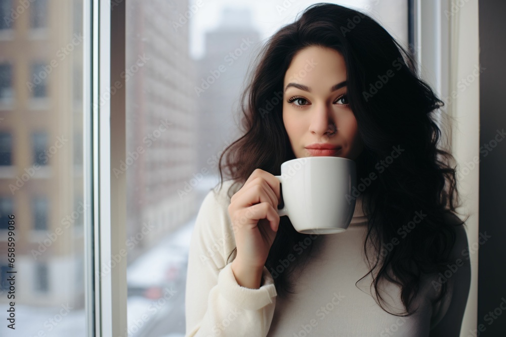 Beautiful girl next to the window holding white coffee mug 11 oz, white porcelain mug mock up Beautiful girl next to the window holding white coffee mug 11 oz, white porcelain mug mock up