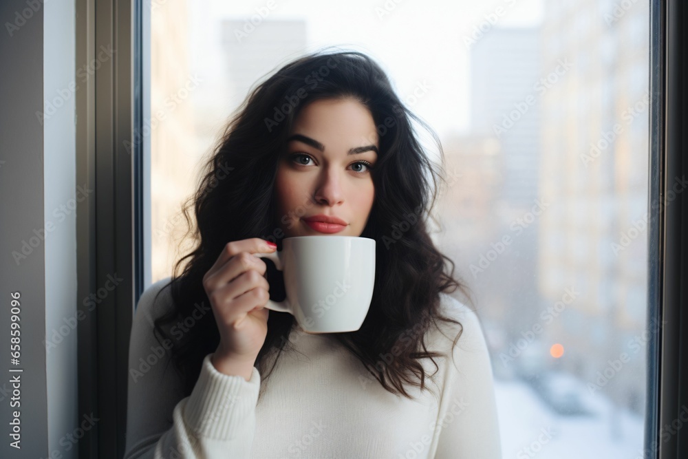 Beautiful girl next to the window holding white coffee mug 11 oz, white porcelain mug mock up Beautiful girl next to the window holding white coffee mug 11 oz, white porcelain mug mock up