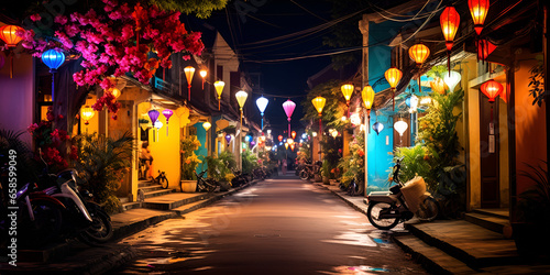 Night view of busy street in Hoi An, Vietnam. Hoi An is the World's Cultural heritage site, famous for mixed cultures and architecture. Ai Generative