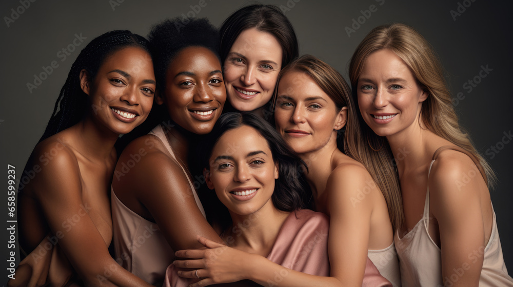 Cheerful women of different nationalities and ages standing together in studio Cheerful women of different nationalities and ages standing together in studio