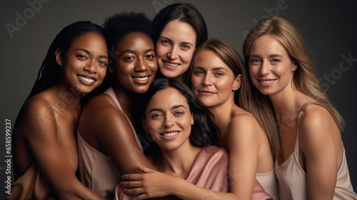 Cheerful women of different nationalities and ages standing together in studio