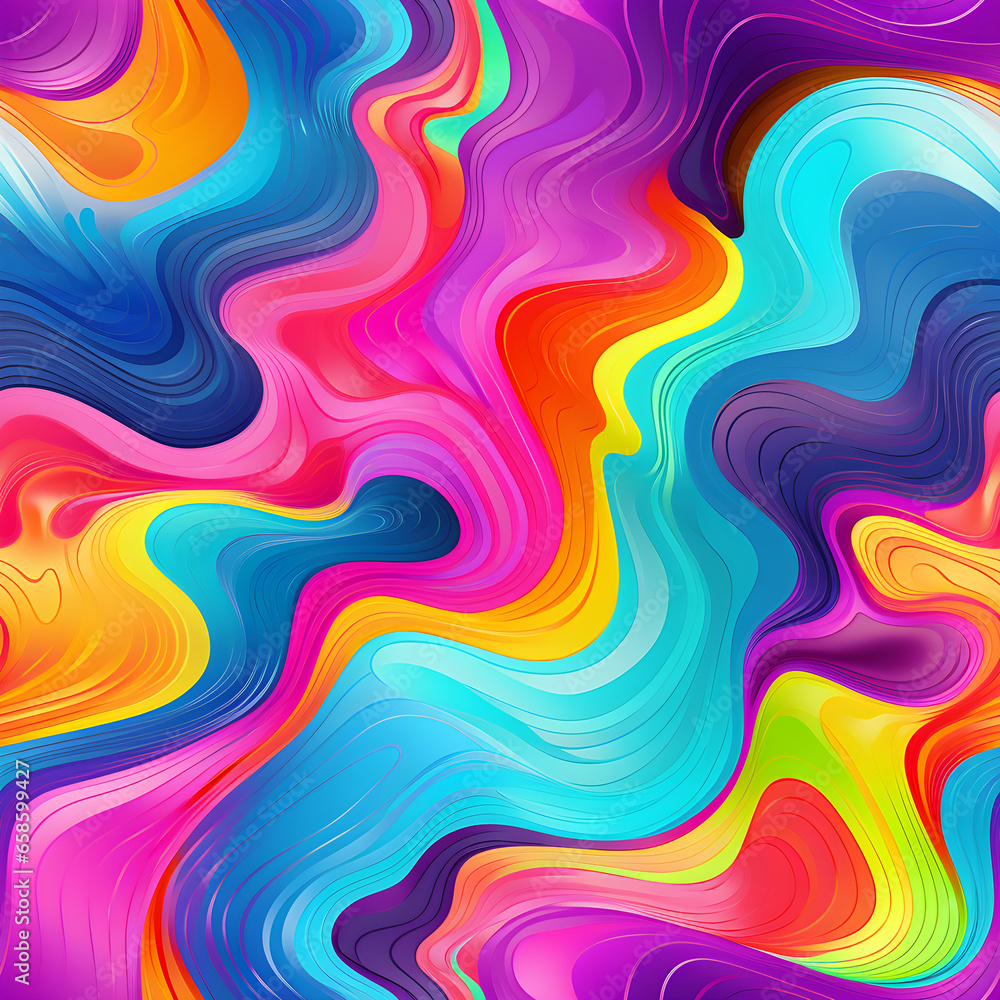 Seamless psychedelic rainbow ridged topological map pattern background texture. Trippy hippy abstract wavy swirls. Bright colorful neon retro wallpaper backdrop. Generative AI