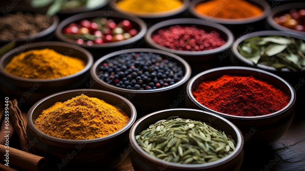 Various spices in a bowls