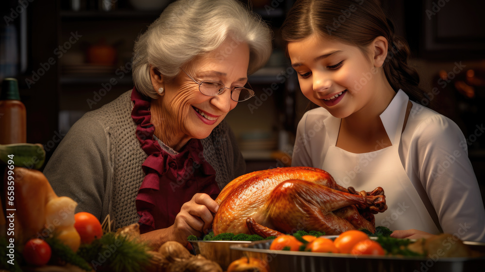Grandmother teaches her grandchildren how to cook a Thanksgiving turkey - obrazy, fototapety, plakaty 