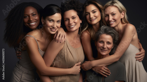 Cheerful women of different nationalities and ages standing together in studio photo