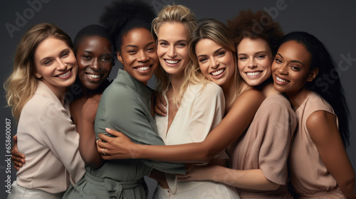 Cheerful women of different nationalities and ages standing together in studio