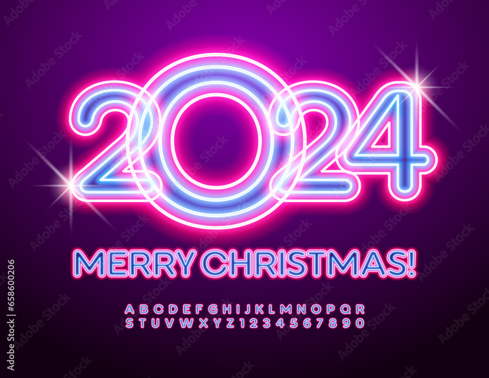 Vector glowing Greeting Card Merry Christmas 2024! Light tube Font. Neon Alphabet Letters and Numbers set. 