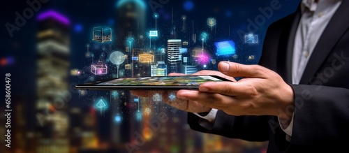 Businessman with phone in hands, conference room on background. Digital hologram of information fields and data protection.