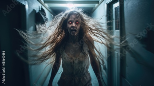 Paranormal entity possessed a woman making her crazy and full of raging attacking anger, gruesome haunted house horror scene, mortal danger, dark shadows and static long hair. Halloween concept.    