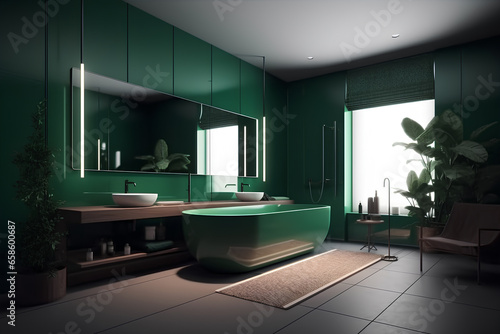 Interior of bathroom in green colors in modern house.