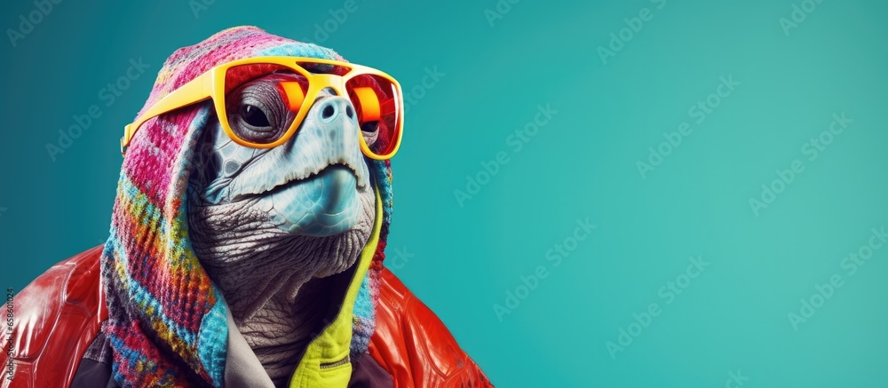 Cheerful happy turtle animals dressed as clowns on a colorful background. Wide images, with cop text space. Generative AI