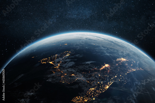 Fototapeta Naklejka Na Ścianę i Meble -  Beautiful blue planet Earth with night lights of Italian cities in starry space. Technology and science, concept.