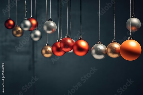 Christmas balls hanging on an out with focused bokeh background.Festively Decorated with hanging bright balls on blurred sparkling fairy background. 