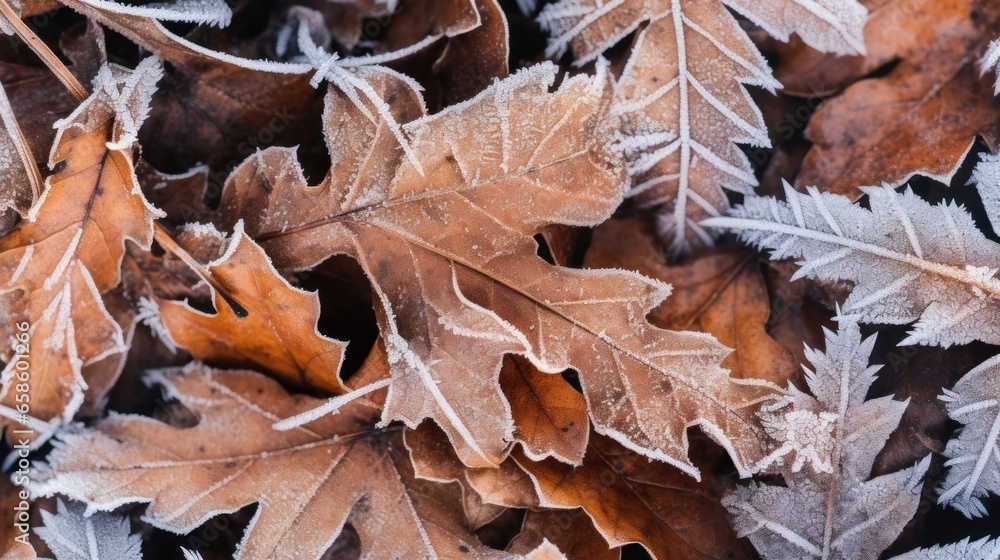 Frozen oak leaves in winter - abstract nature background
