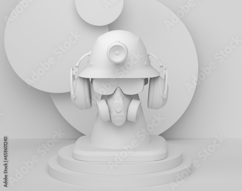 Abstract scene or podium with helmet, headphones and gas mask on monochrome © boule1301