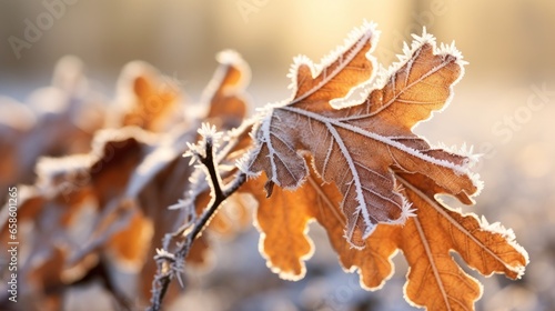 Frozen oak leaves in winter - abstract nature background