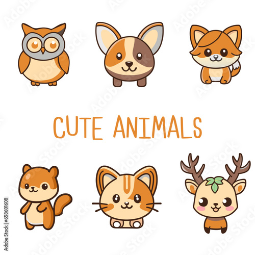 Cute animals vector illustrations cartoon for kids 2d such a owl dog fox squirrel deer zoo set 