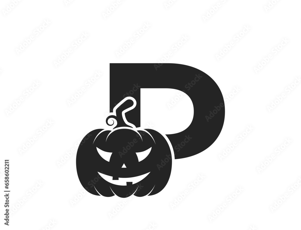 Obraz premium letter p with jack o lantern. halloween alphabet logo symbol. pumpkin face isolated vector image