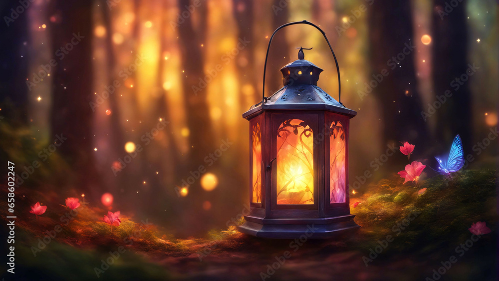 A lantern glowing with light kept in a garden. A lantern glowing with light kept in a garden.