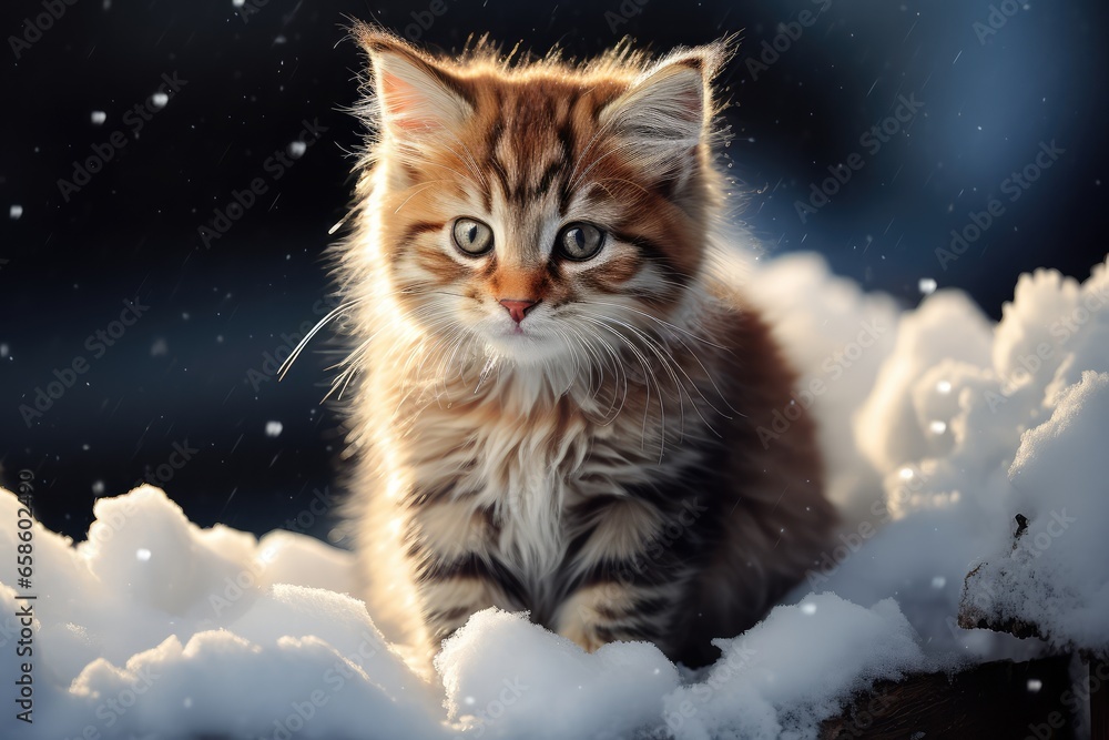 Cat in the snow. Cute siberian kitten in the snow on a dark background. 