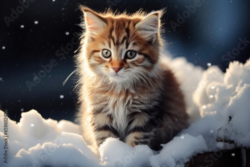 Cat in the snow. Cute siberian kitten in the snow on a dark background.  © annne
