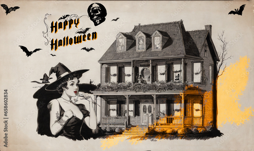 vintage halloween card haunted house ind young woman with black witch ...